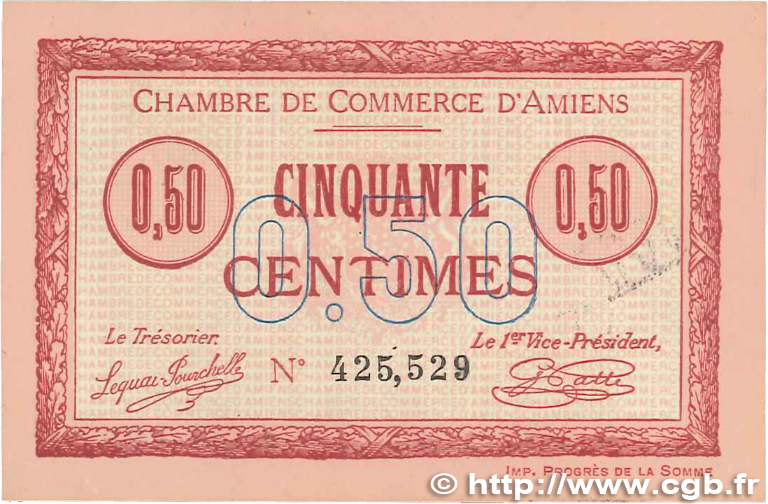 50 Centimes FRANCE regionalism and various Amiens 1915 JP.007.26 XF+