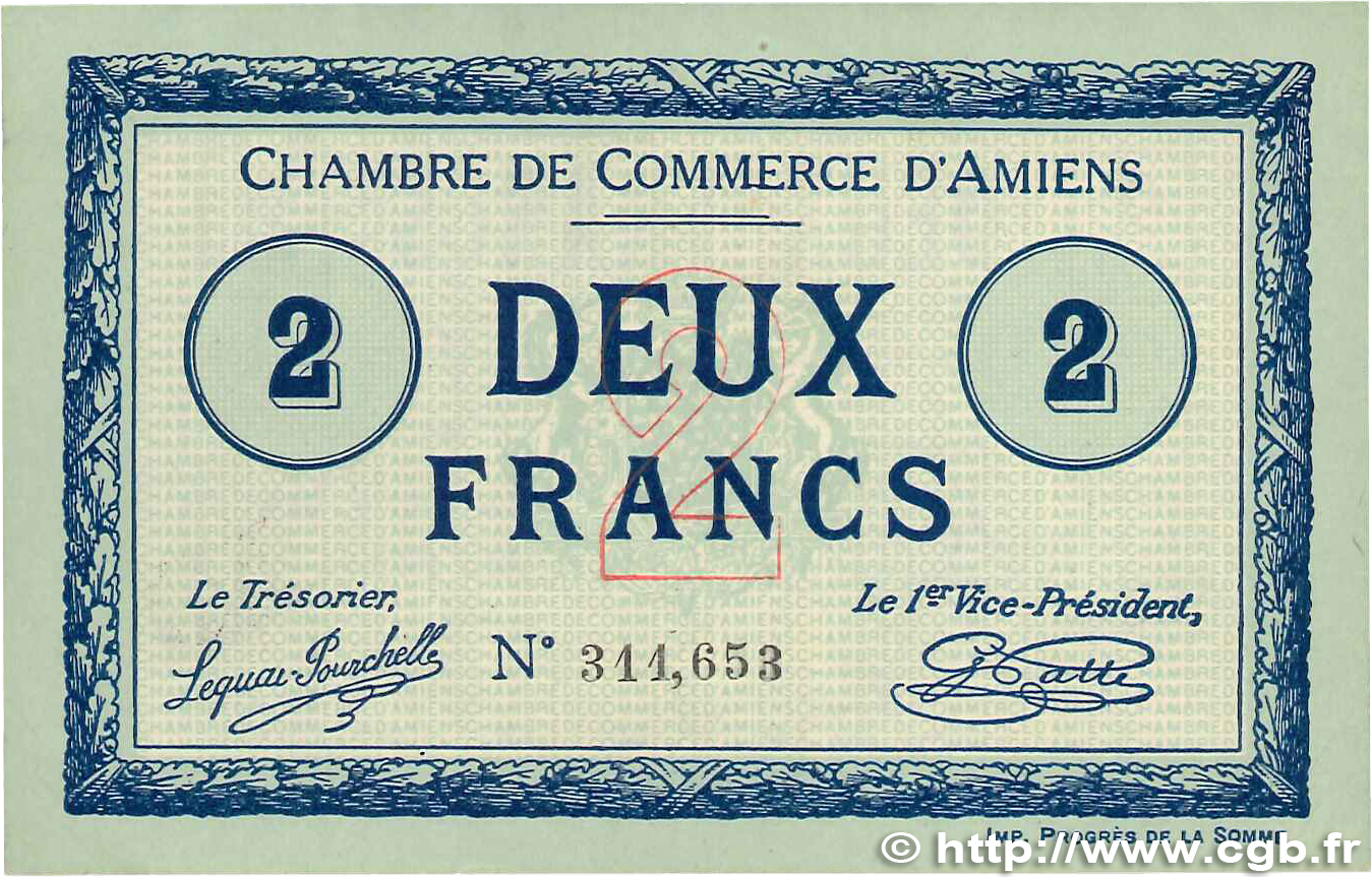 2 Francs FRANCE Regionalismus und verschiedenen Amiens 1915 JP.007.31 VZ