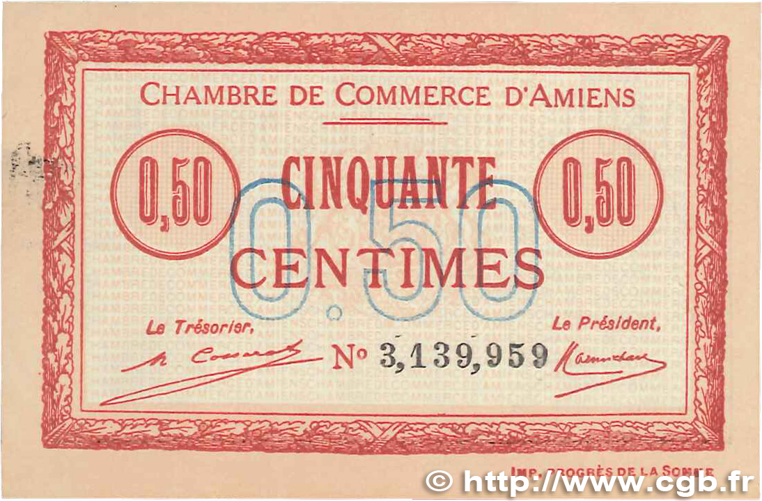 50 Centimes FRANCE regionalism and various Amiens 1920 JP.007.49 XF+