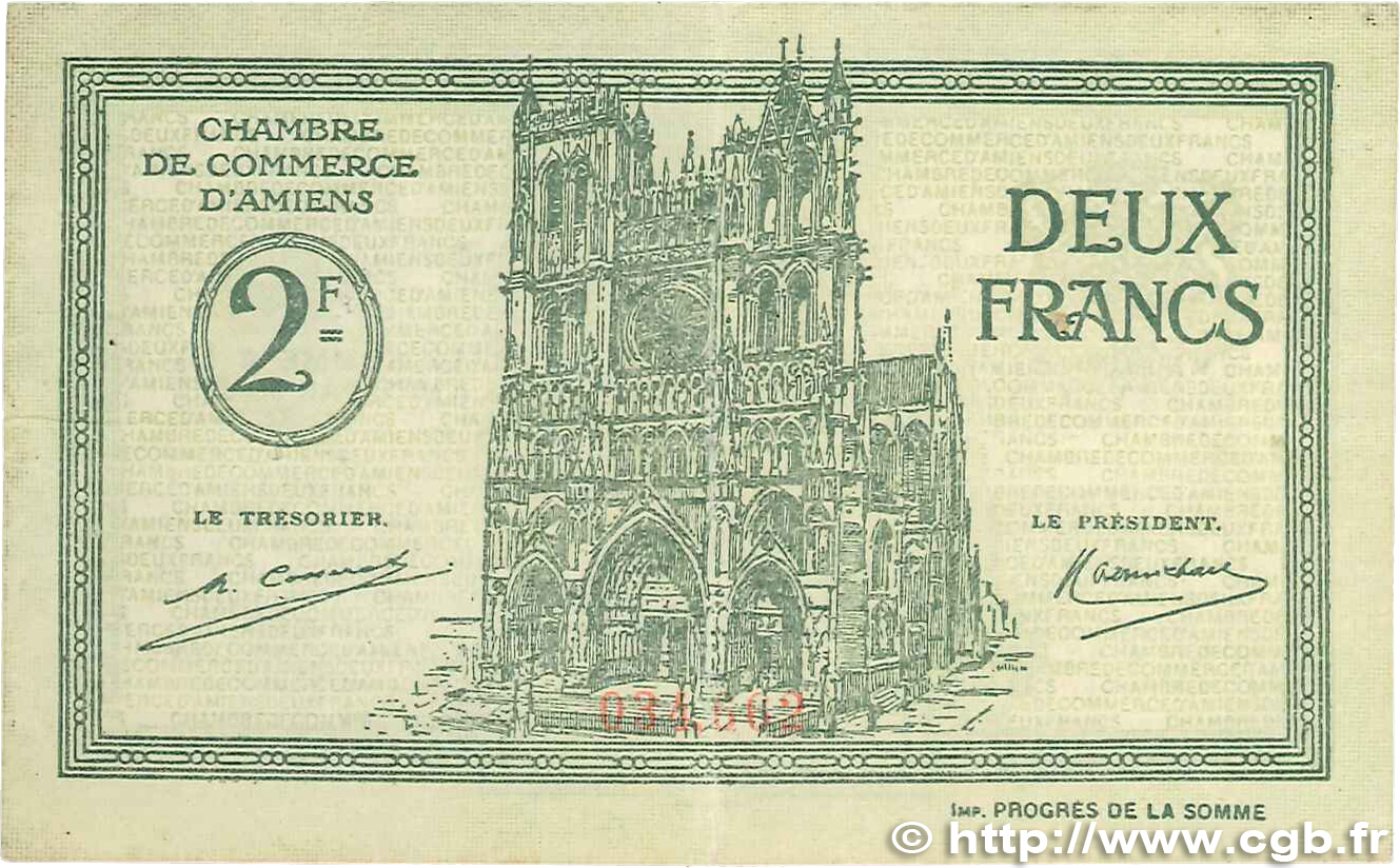 2 Francs FRANCE regionalismo y varios Amiens 1922 JP.007.57 MBC