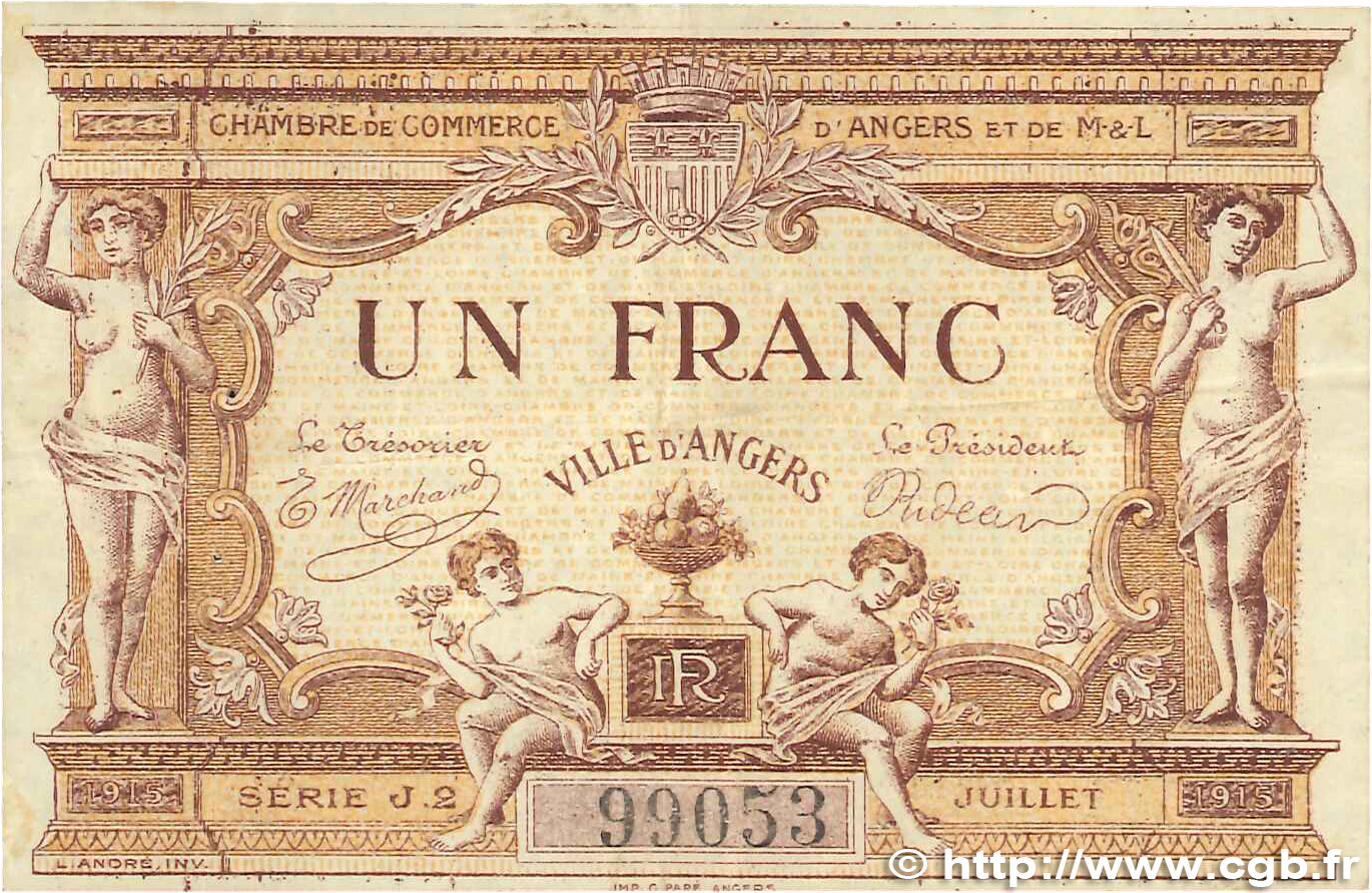 1 Franc FRANCE regionalismo y varios Angers  1915 JP.008.07 MBC
