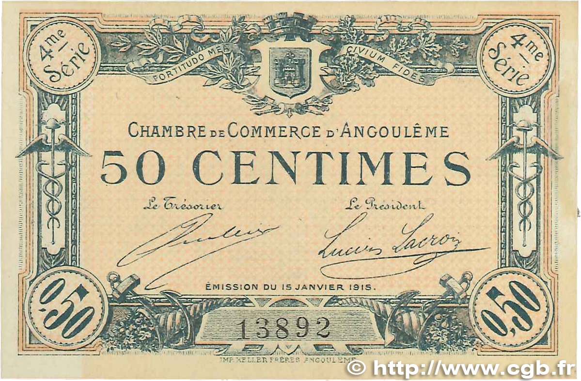 50 Centimes FRANCE regionalismo e varie Angoulême 1915 JP.009.20 SPL