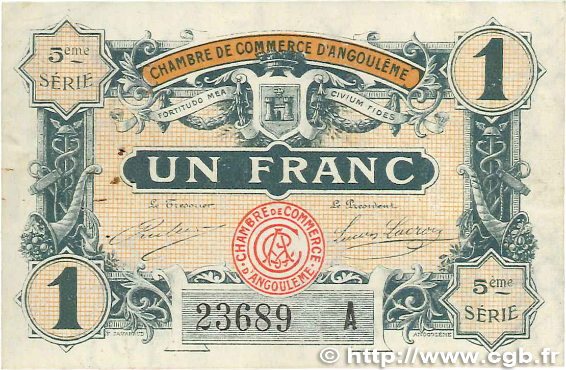 1 Franc FRANCE regionalismo e varie Angoulême 1917 JP.009.42 q.SPL