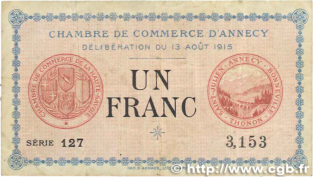 1 Franc FRANCE Regionalismus und verschiedenen Annecy 1915 JP.010.01 SS