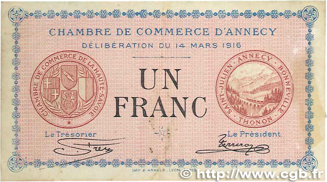 1 Franc FRANCE regionalism and miscellaneous Annecy 1916 JP.010.05 VF