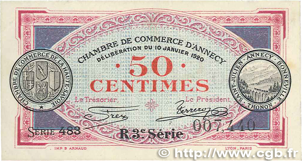 50 Centimes FRANCE regionalism and miscellaneous Annecy 1920 JP.010.15 VF+