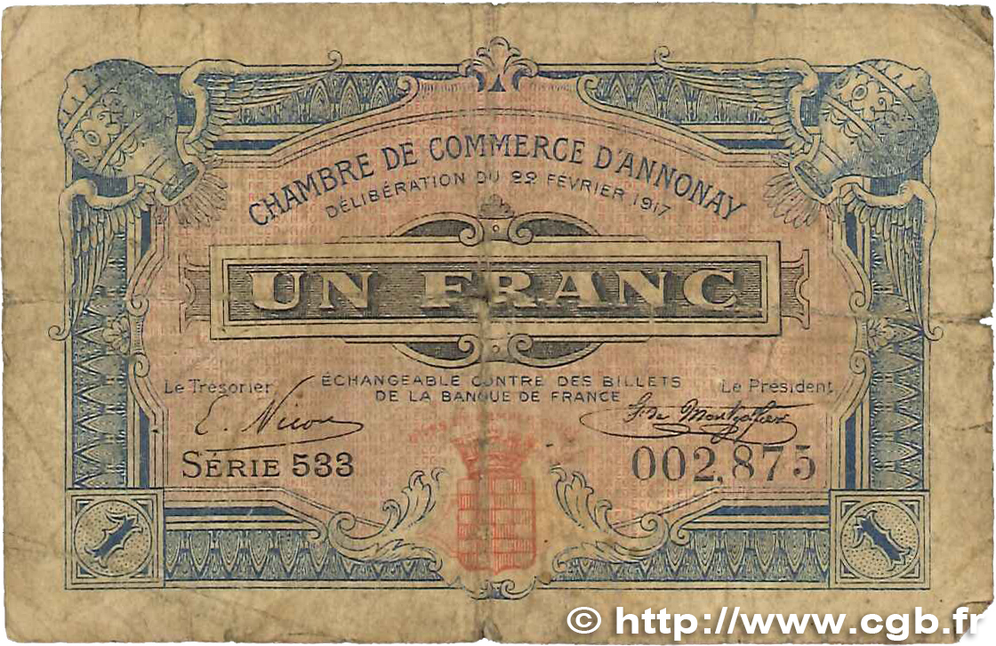 1 Franc FRANCE regionalismo e varie Annonay 1917 JP.011.20 B