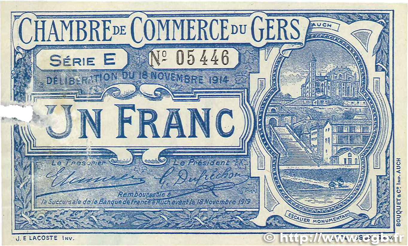 1 Franc FRANCE regionalismo y varios Auch 1914 JP.015.03 BC+