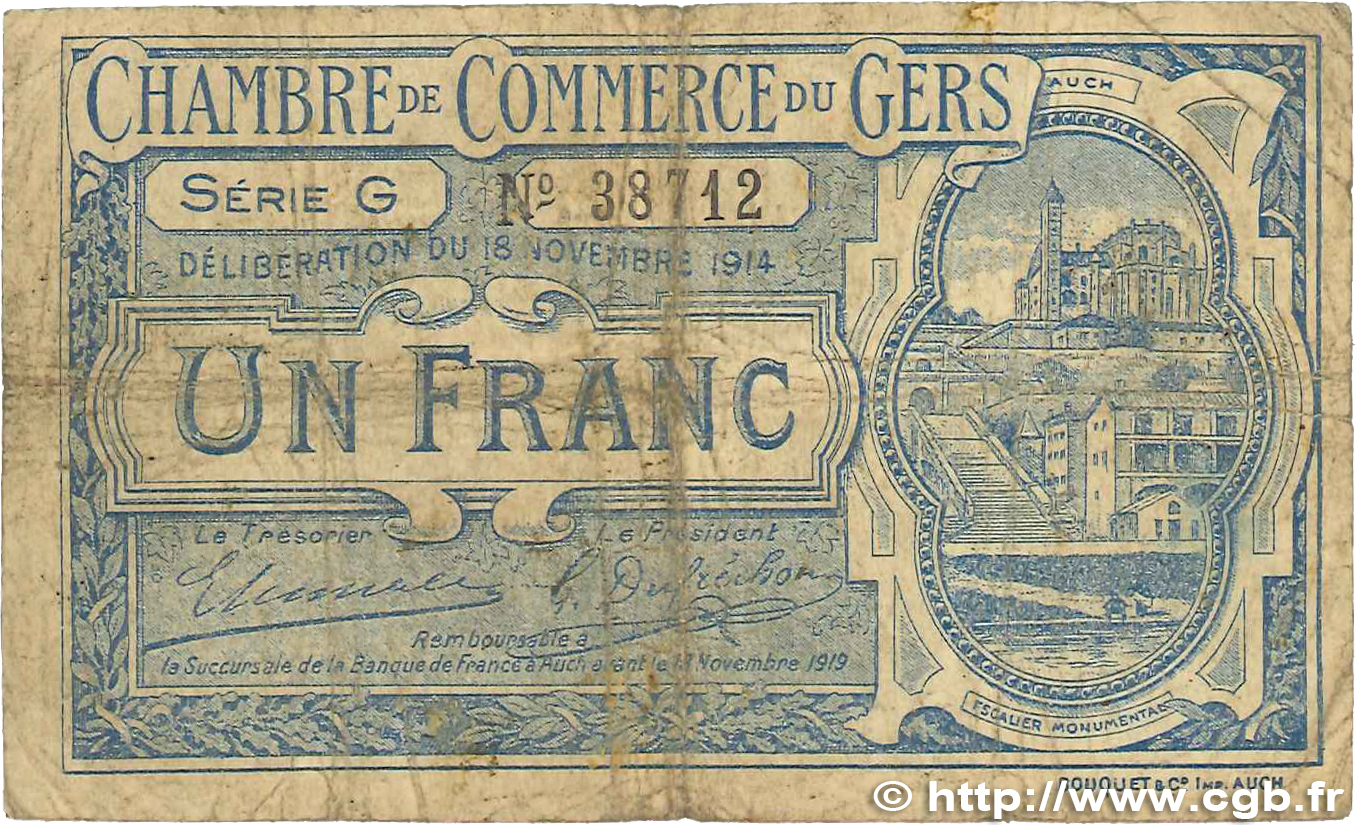 1 Franc FRANCE regionalism and various Auch 1914 JP.015.07 G