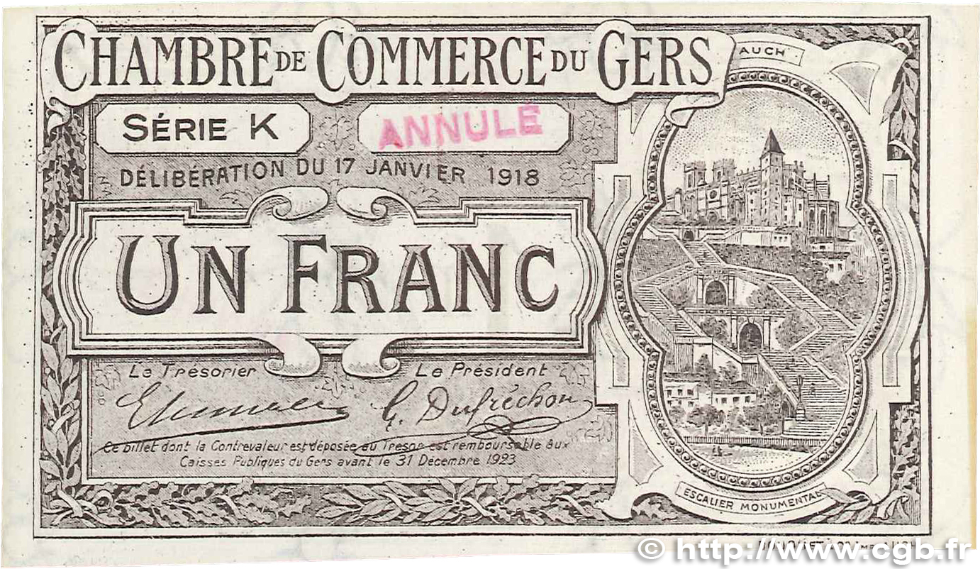1 Franc Annulé FRANCE régionalisme et divers Auch 1918 JP.015.16 SUP+