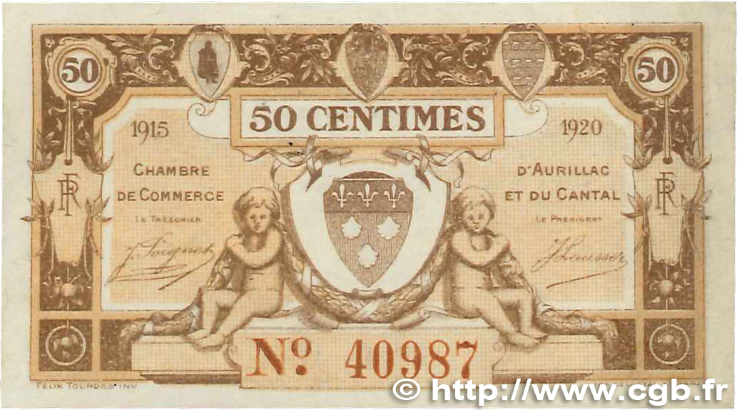 50 Centimes FRANCE Regionalismus und verschiedenen Aurillac 1915 JP.016.01 VZ