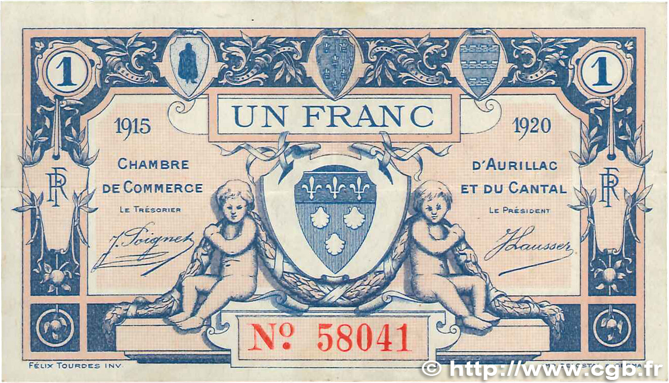 1 Franc FRANCE regionalismo e varie Aurillac 1915 JP.016.04 q.SPL