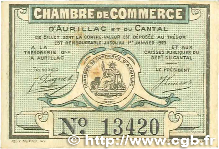 25 Centimes FRANCE regionalism and miscellaneous Aurillac 1917 JP.016.11 VF