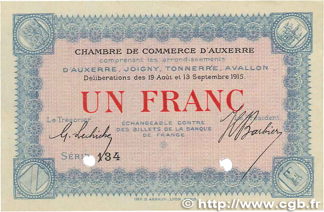 1 Franc FRANCE regionalismo e varie Auxerre 1915 JP.017.03 q.AU