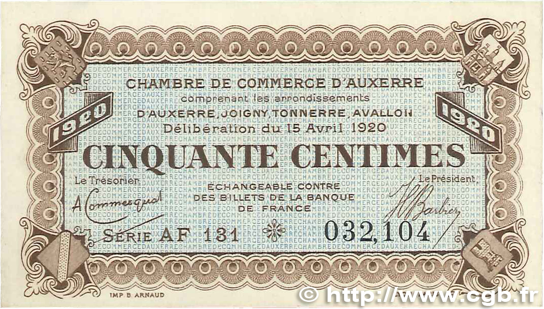 50 Centimes FRANCE Regionalismus und verschiedenen Auxerre 1920 JP.017.25 VZ