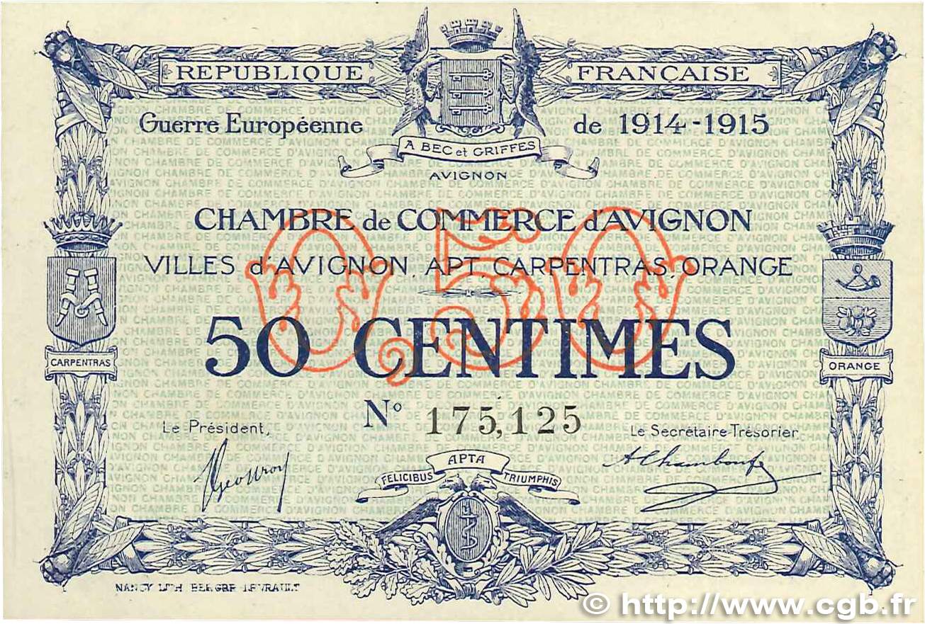 50 Centimes FRANCE régionalisme et divers Avignon 1915 JP.018.01 SUP+