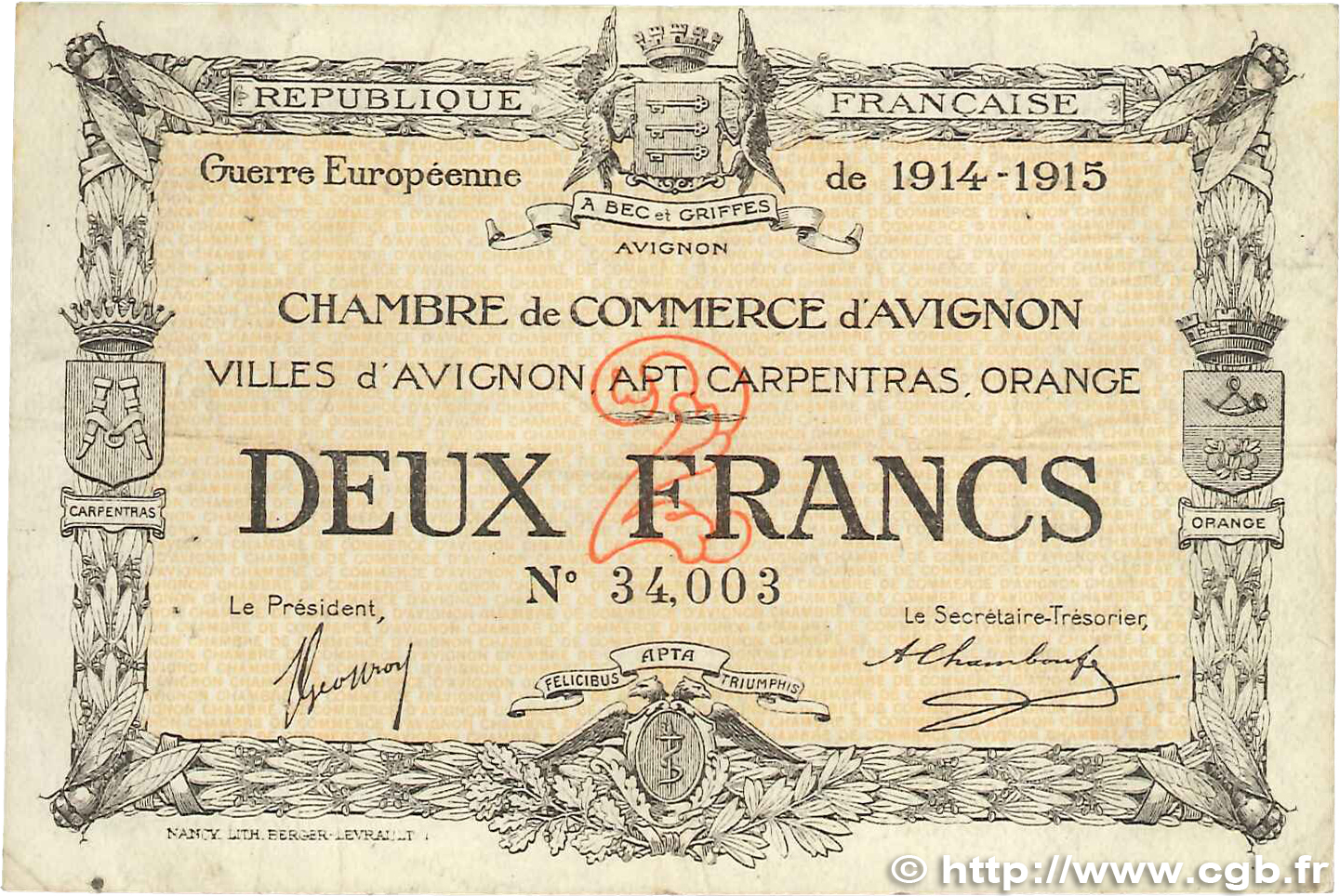 2 Francs FRANCE regionalism and various Avignon 1915 JP.018.08 VF