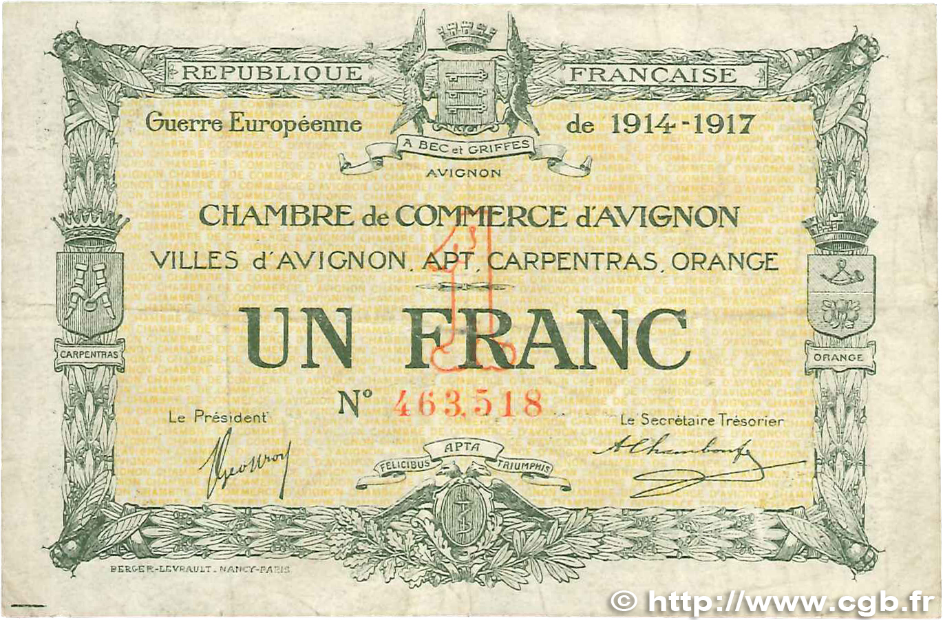 1 Franc FRANCE regionalism and various Avignon 1915 JP.018.17 F