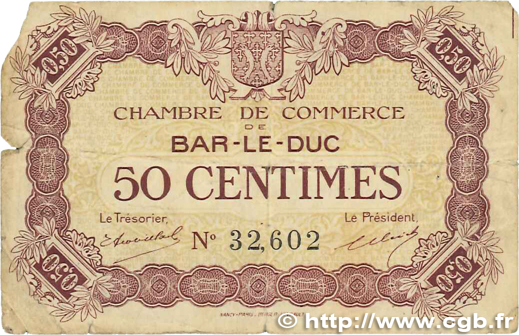 50 Centimes FRANCE regionalism and various Bar-Le-Duc 1918 JP.019.01 G