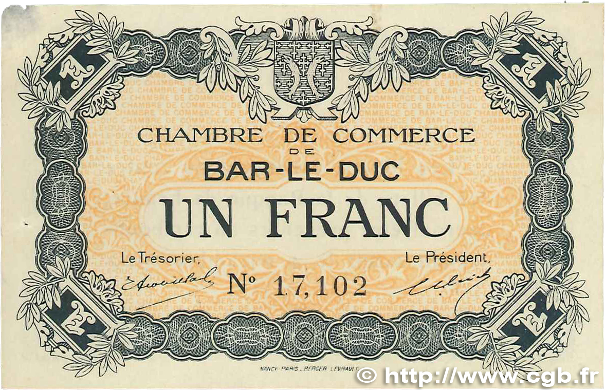 1 Franc FRANCE regionalism and various Bar-Le-Duc 1918 JP.019.03 VF