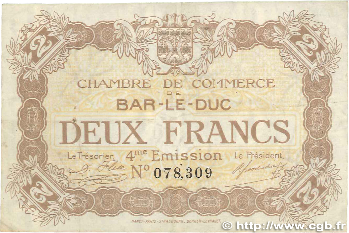 2 Francs FRANCE regionalism and various Bar-Le-Duc 1917 JP.019.17 VF