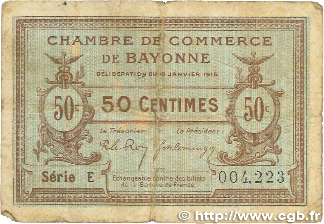 50 Centimes FRANCE regionalismo e varie Bayonne 1915 JP.021.01 B