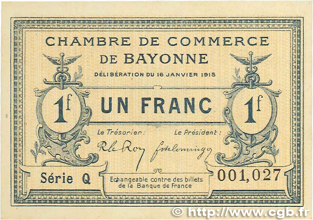 1 Franc FRANCE regionalism and various Bayonne 1915 JP.021.09 UNC-