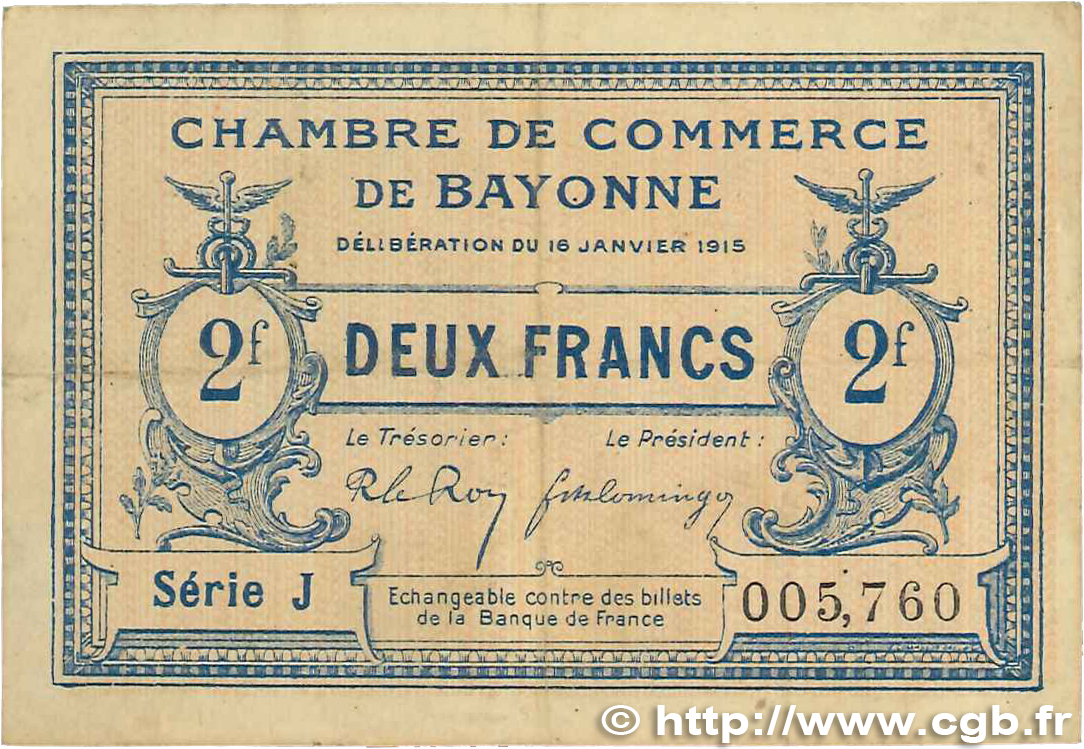 2 Francs FRANCE Regionalismus und verschiedenen Bayonne 1915 JP.021.19 S