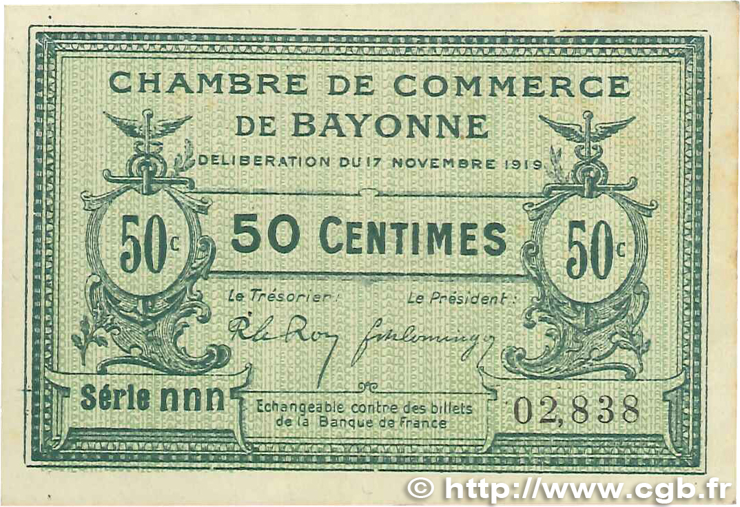 50 Centimes FRANCE regionalism and various Bayonne 1919 JP.021.61 VF