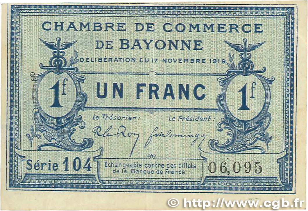 1 Franc FRANCE regionalismo y varios Bayonne 1919 JP.021.64 MBC