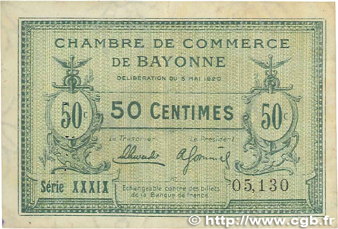 50 Centimes FRANCE regionalismo y varios Bayonne 1920 JP.021.66 BC+