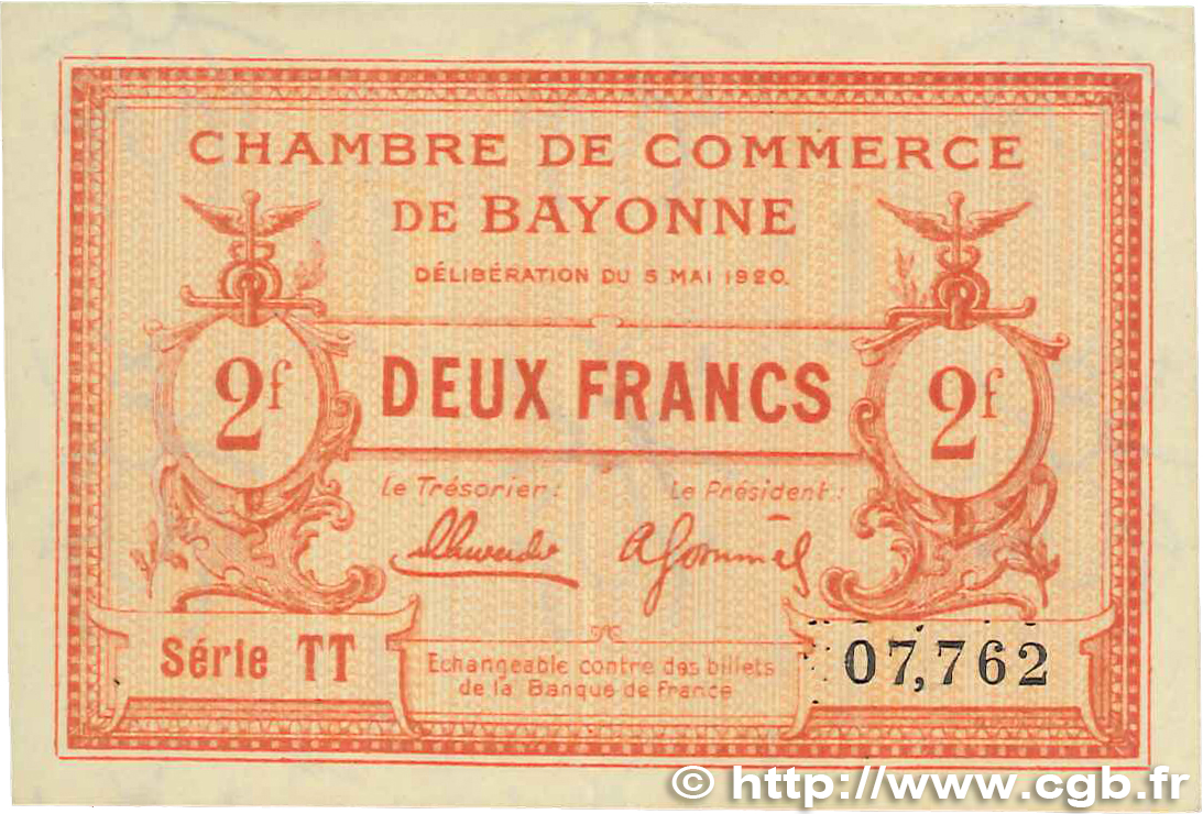 2 Francs FRANCE Regionalismus und verschiedenen Bayonne 1920 JP.021.68 VZ
