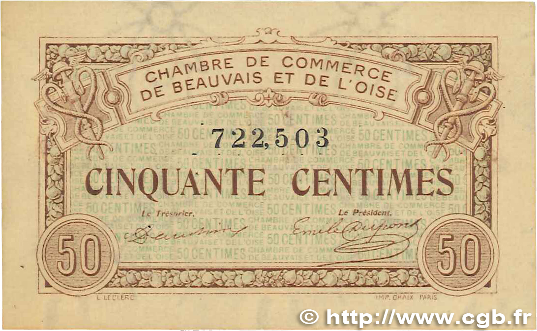 50 Centimes FRANCE regionalismo y varios Beauvais 1920 JP.022.01 MBC+