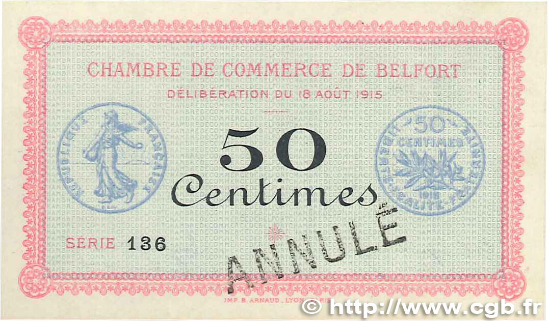 50 Centimes Annulé FRANCE regionalism and various Belfort 1915 JP.023.03 AU