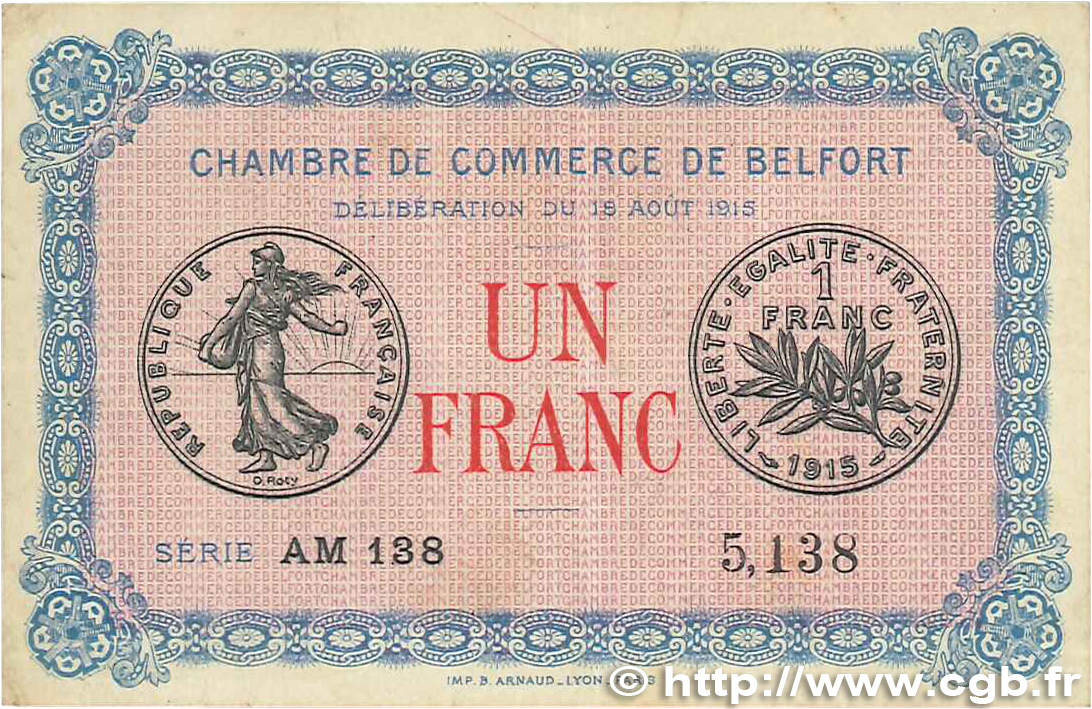 1 Franc FRANCE Regionalismus und verschiedenen Belfort 1915 JP.023.13 SS