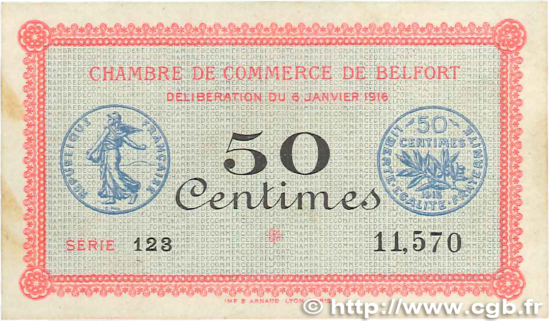 50 Centimes FRANCE regionalism and various Belfort 1916 JP.023.17 XF