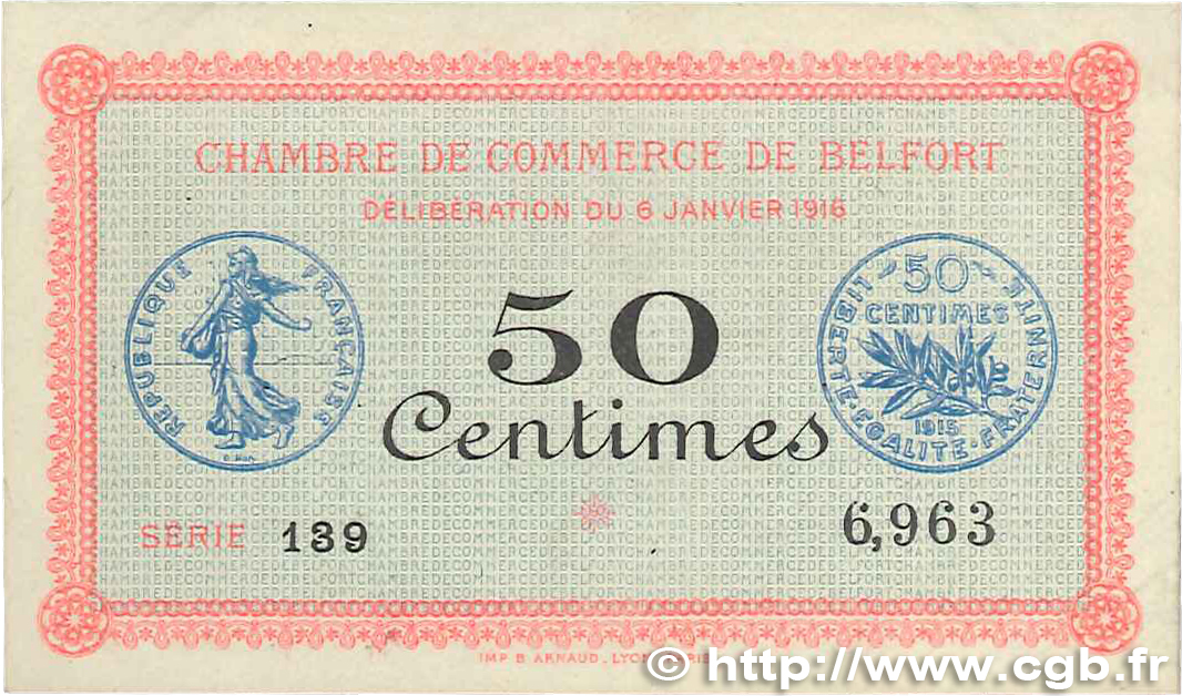 50 Centimes FRANCE regionalism and miscellaneous Belfort 1916 JP.023.17 VF+