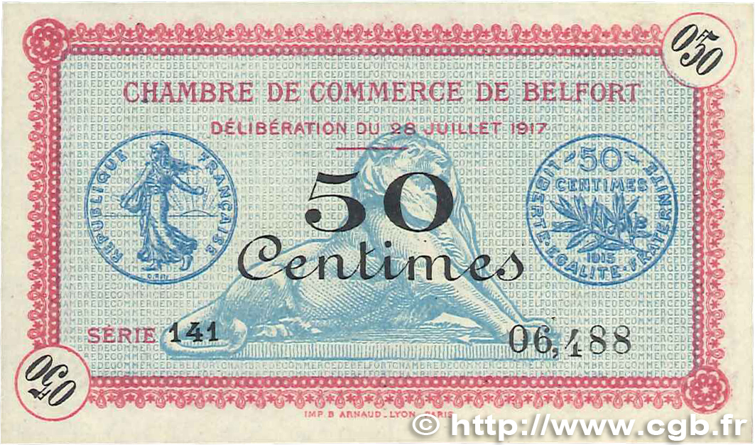 50 Centimes FRANCE regionalism and various Belfort 1917 JP.023.26 XF