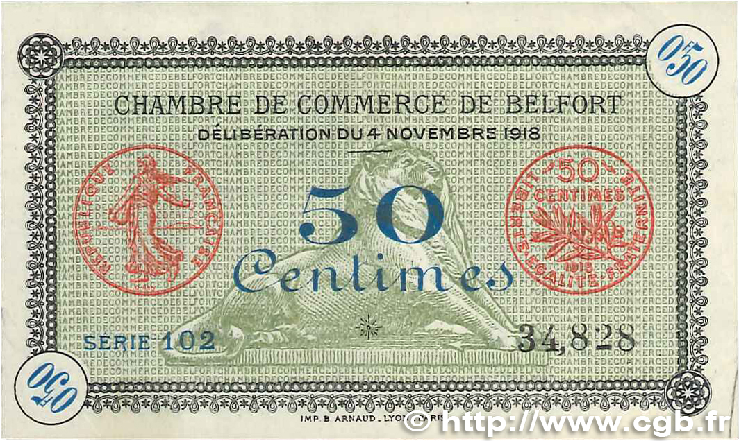 50 Centimes FRANCE regionalismo e varie Belfort 1918 JP.023.34 q.SPL