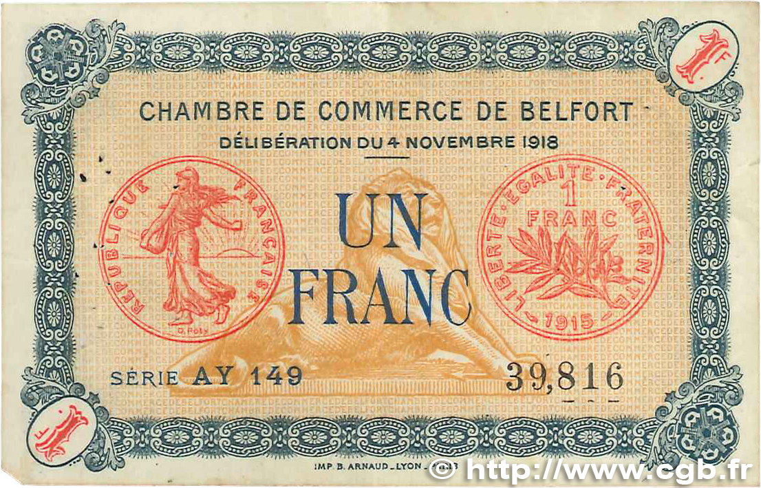 1 Franc FRANCE regionalismo y varios Belfort 1918 JP.023.40 BC+