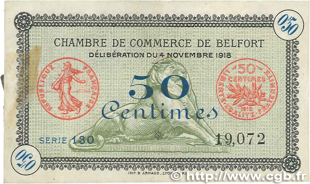 50 Centimes FRANCE Regionalismus und verschiedenen Belfort 1918 JP.023.41 SS