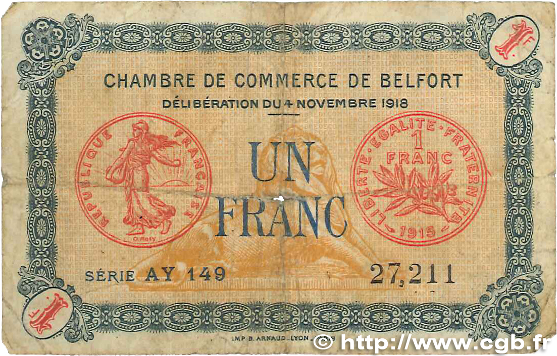 1 Franc FRANCE Regionalismus und verschiedenen Belfort 1918 JP.023.45 SGE