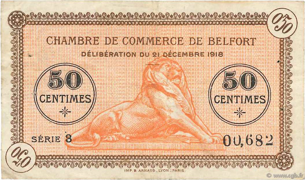 50 Centimes FRANCE regionalism and miscellaneous Belfort 1918 JP.023.48 VF-