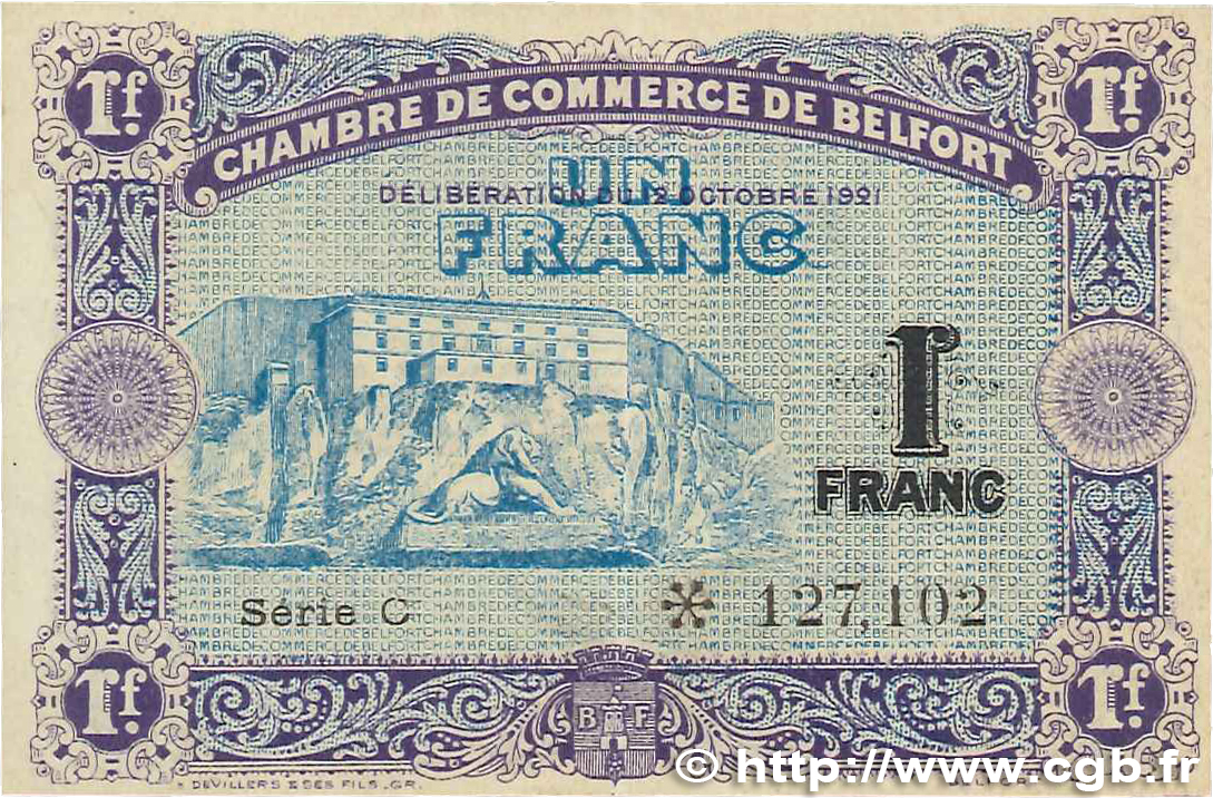 1 Franc FRANCE regionalismo y varios Belfort 1921 JP.023.60 MBC+