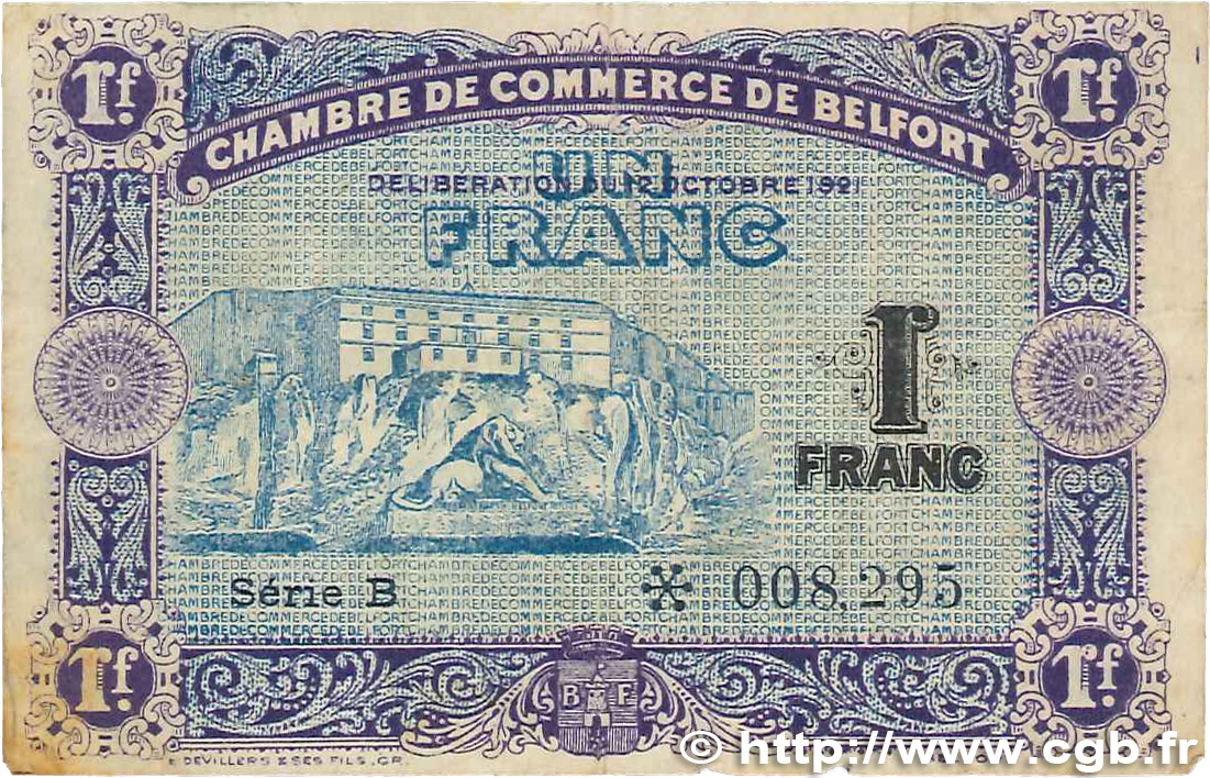 1 Franc FRANCE Regionalismus und verschiedenen Belfort 1921 JP.023.62 S