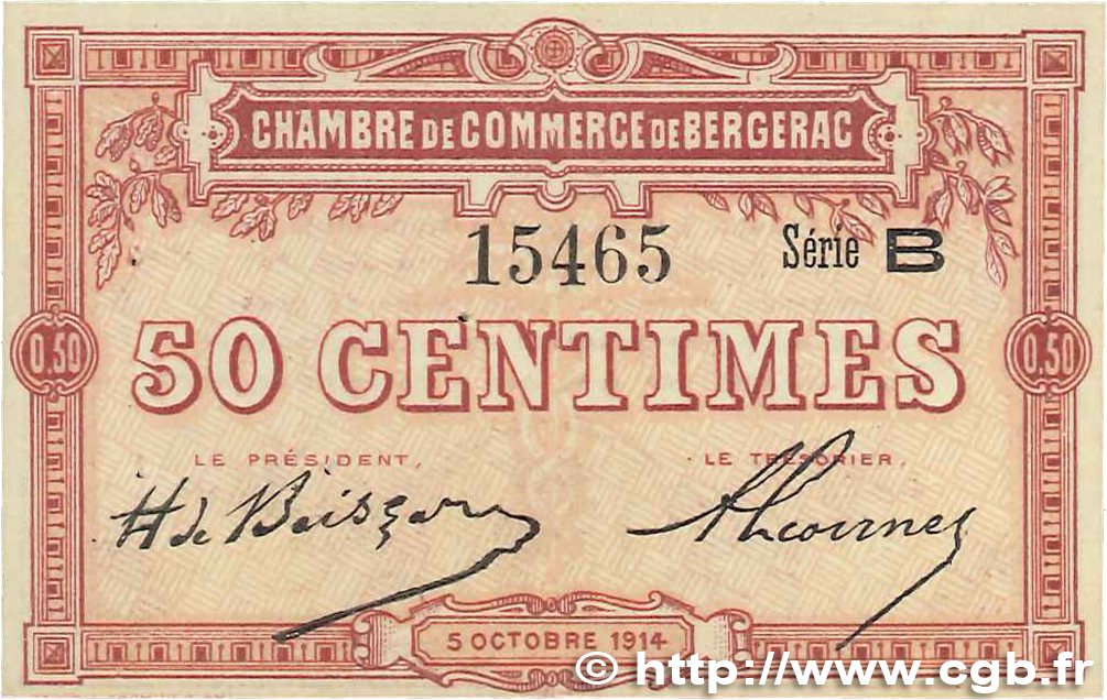 50 Centimes FRANCE regionalism and various Bergerac 1914 JP.024.03 XF+
