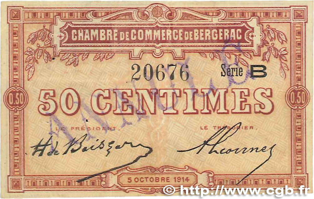 50 Centimes Annulé FRANCE Regionalismus und verschiedenen Bergerac 1914 JP.024.03 fVZ
