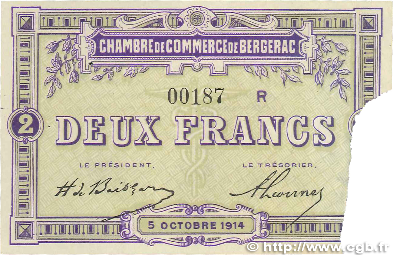 2 Francs FRANCE Regionalismus und verschiedenen Bergerac 1914 JP.024.22 VZ