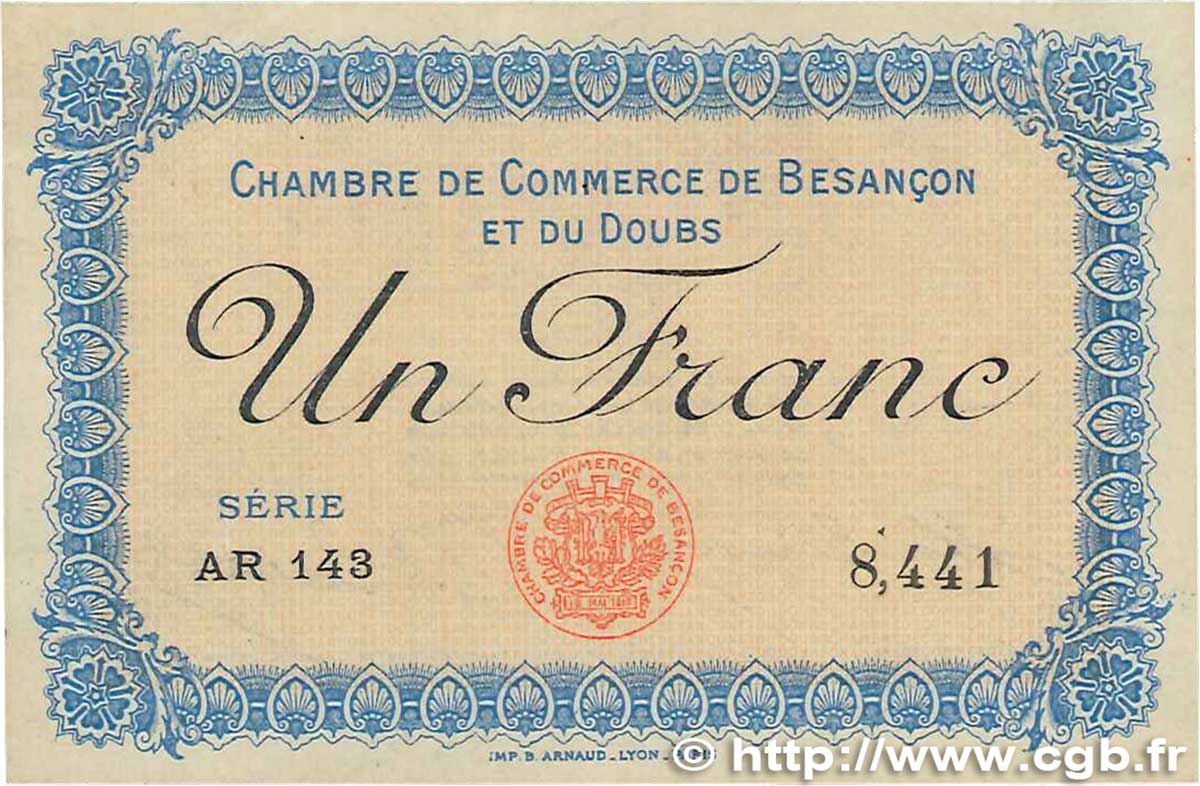 1 Franc FRANCE regionalism and various Besançon 1915 JP.025.13 AU-