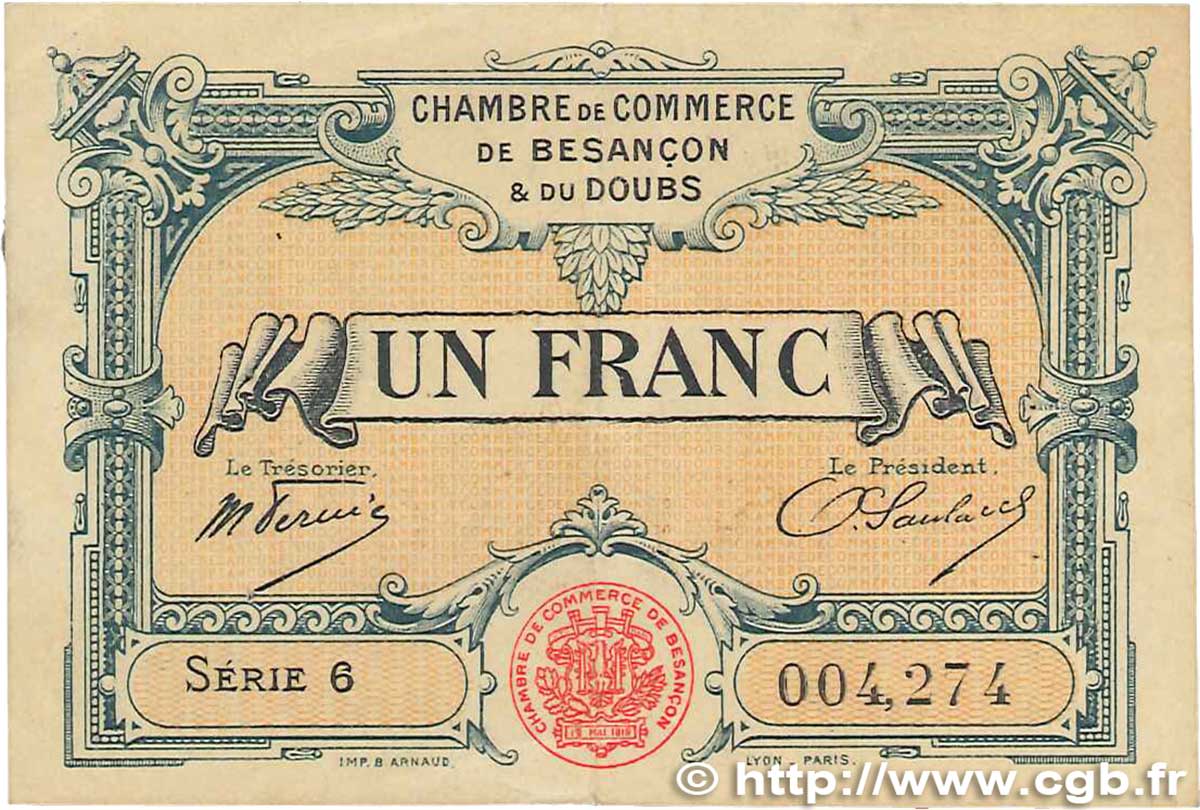 1 Franc FRANCE regionalismo e varie Besançon 1921 JP.025.24 BB